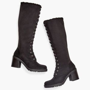 Women's Black Faux Suede Boots, Heeled Asher Sherpa-Lined Lace-Up Boot!  SZ 9